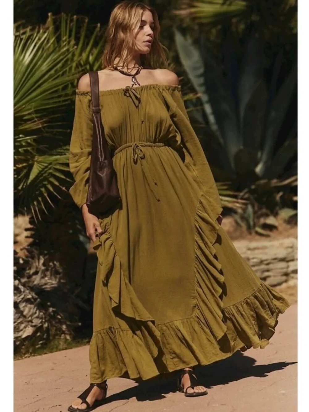 Free People Bohemian Witchy Ethereal Maxi Dress Green Moss Size Small NWT - Picture 1 of 11